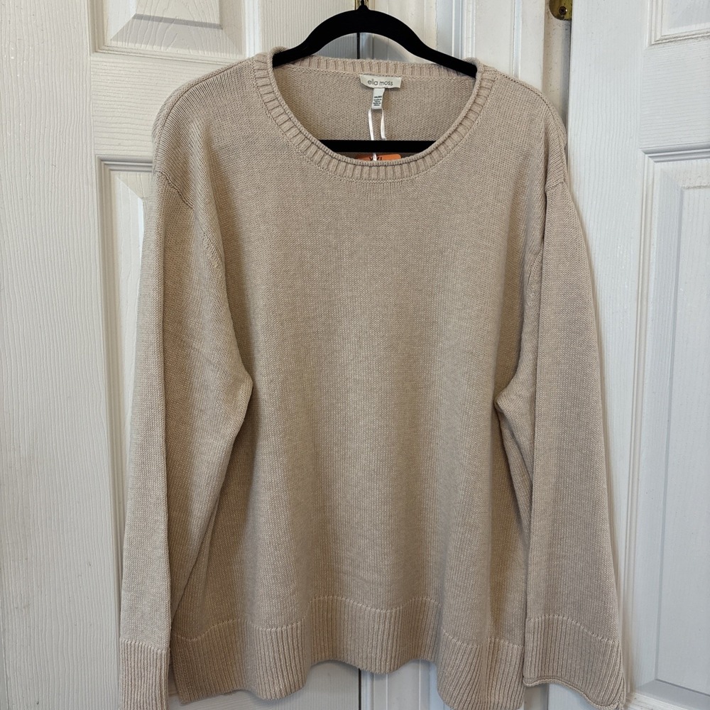 Ella Moss Womens Soft Knit Crewneck Sweater Rolled Neck Tan Beige XXL NWT